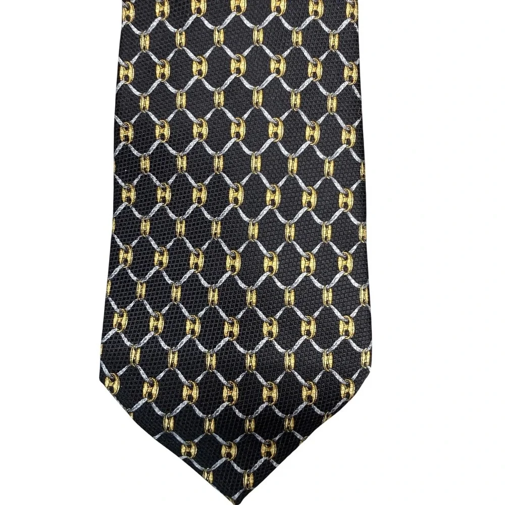 Today's Man 100% Silk Tie W/ Gold & Silver Chain Pattern Navy Background‎ Italy